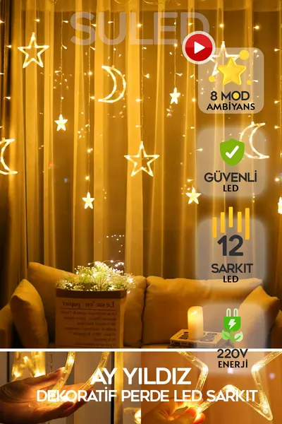 ستارة LED بالقمر والنجمة  بنمط 8 وشرابات، ضوء زخرفي للمطبخ على شكل ستارة، مصباح LED