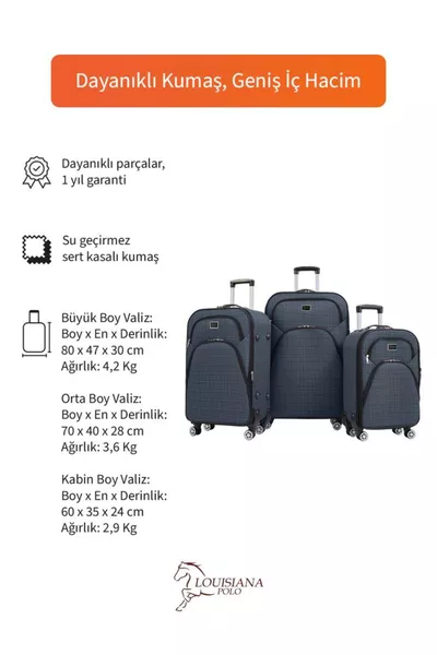 3'lü Valiz Seti 4 Teker Kumaş Valiz Lacivert 