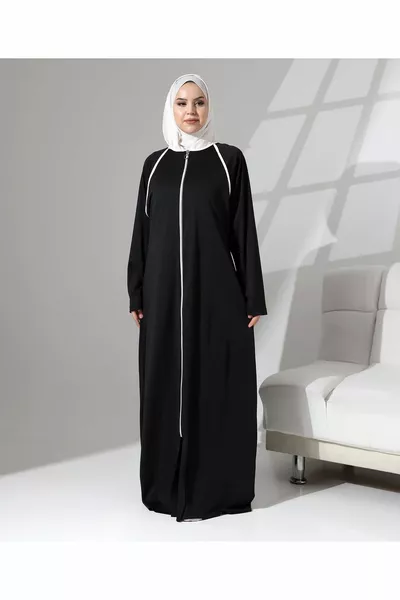 عباية صلاة يومية بفتحة أمامية بسحاب، oversized دنيم - أسود