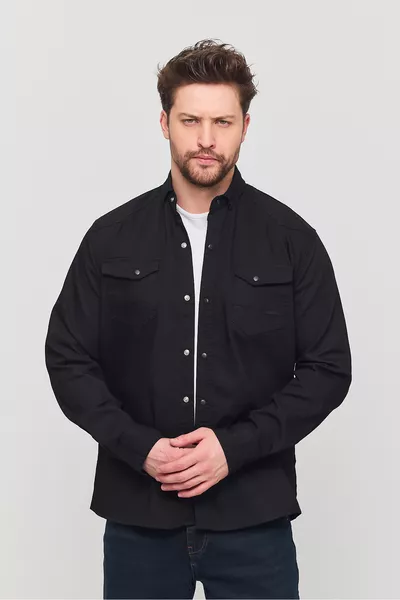 Slim Fit Erkek Kot Gömlek Siyah 5XL BEDEN  KİLO