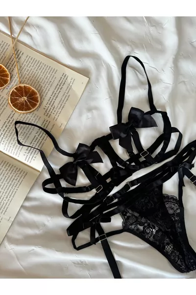 Set di 3 pezzi nero con giarrettiera e fiocco, lingerie sexy con reggiseno