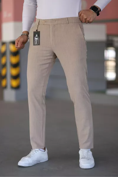 بنطال رجالي بطول الكاحل، قماش مطاطي عالي الجودة ومرن بلون عظمي