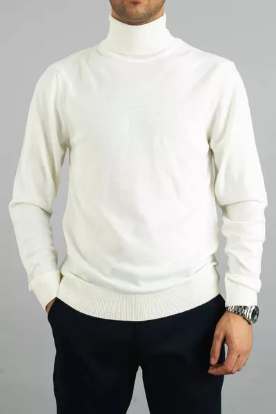 Men's White Slim Fit Turtleneck Cotton Knit Sweater