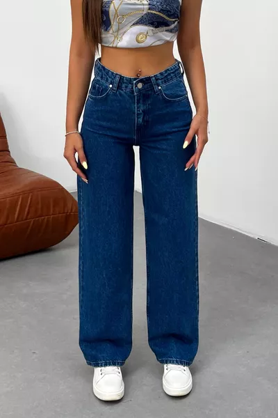 بنطال جينز نسائي كحلي بخصر مرتفع وساق واسعة