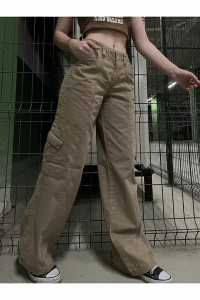 k Pale Brown Cargo Waist Pantaloni Unisex Elasticizzati Tasca Frontale Dettagliata