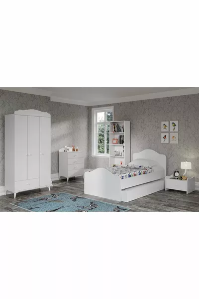 سرير صغير مدعوم بالمعدن بعجلات بلون أبيض % MDF