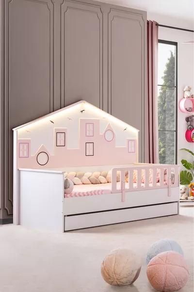 Lit Montessori pour enfant avec tiroir, Lit Montessori City pour enfant avec panneau et barrière - Rose