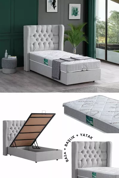 Riga Tek Kişilik Baza Başlık Comfort Yatak Seti, Açık Gri