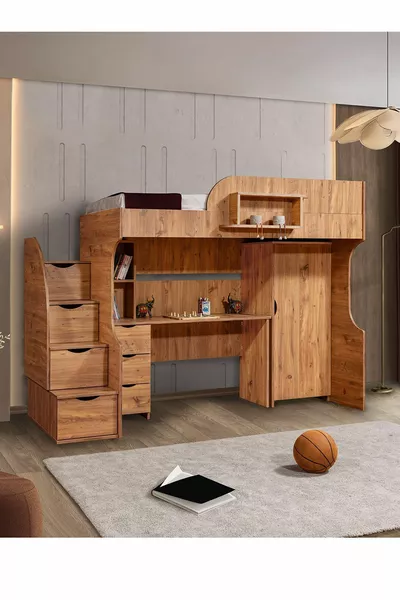 سرير بطابقين، مكتب عمل وخزانة من نوع ليتيرا، جوزي غامق