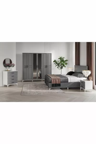 Ensemble de chambre à coucher complet en MDF Sport avec 6 portes, anthracite-blanc, incluant le sommier