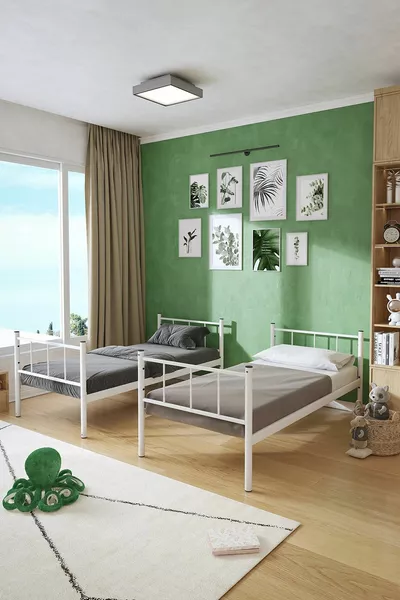 Техно Бял Метален Легло Двуетажно с Отделяеми Части, Съвместимо с Матрак