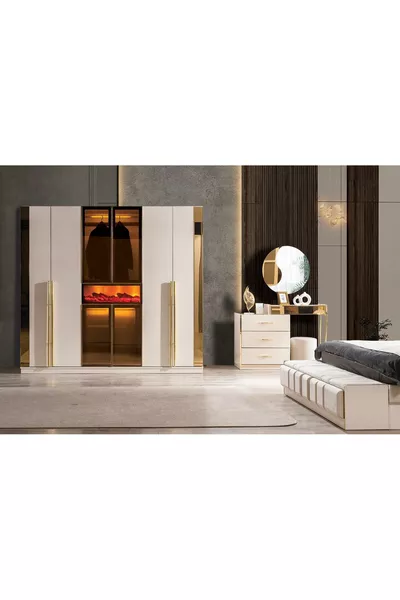 Şömineli Yatak Odası Takımı % Mdf (BAZA VE BENCH HEDİYELİ)