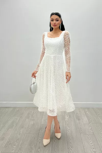 Tüll Glitter Stoff Square Neck Midi Abendkleid - Weiß