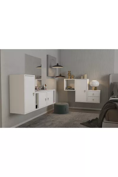 Modüler Duvar Tipi Yatak Odası Takımı kapaklı çekmeceli dolap raf seti 