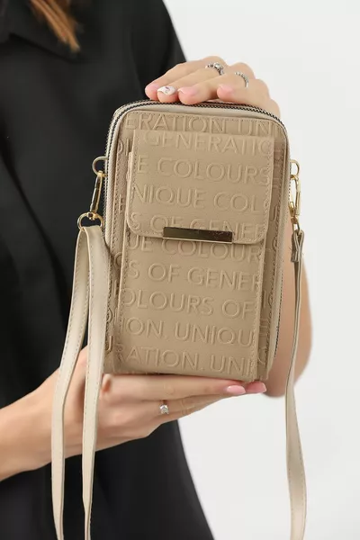 Platin Kadın Çapraz Askılı Telefon 3 Bölmeli Cüzdan Çanta