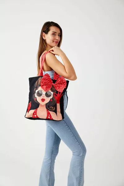 Kadın Kırmızı Siyah Puantiyeli  Popart Bez Plaj Çantası