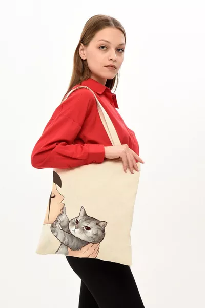 Kat Kus Meisje Bedrukt Linnen Tas (EENZIJDIG)