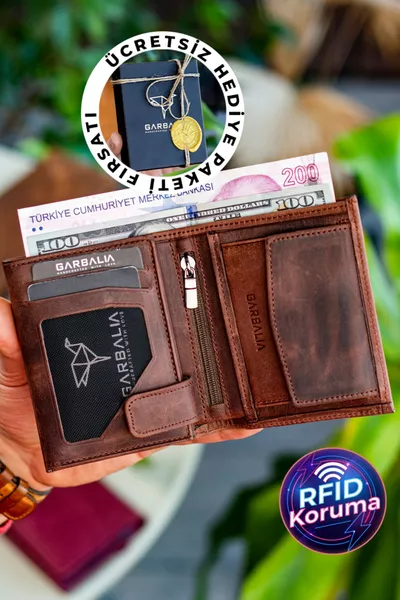 محفظة نقود رجالية من الجلد الطبيعي باللون البني مع فتحة للعملات 