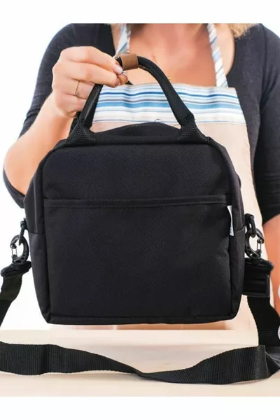 حقيبة حرارية عازلة للماء لحمل الطعام مع حمالة باللون الأسود