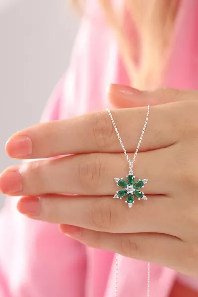 Set Silver Chain Emerald Stone Hope Flower Necklace