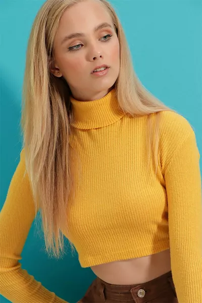 Дамска горчична водолазка Кадифе Основна изрязана блуза за тяло 