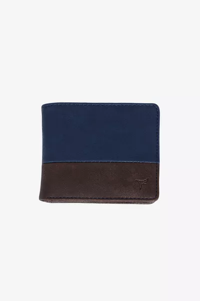 محفظة رجالية باللونين الأزرق الداكن والبني مع صندوق هدايا وأقسام للبطاقات