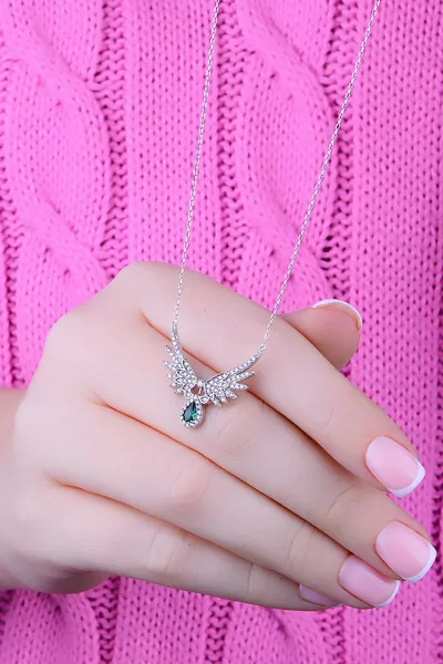 Silver Setting Necklace with Green Emerald Teardrop Stone and Angel Wings