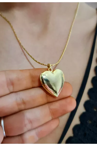قلادة قلب مسطحة محدبة مطلية بالذهب، قلادة قلب قابلة للفتح، قلادة يمكن وضع صورة فيها