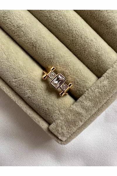 Gold-Colored Rectangular Stone Pinky Ring