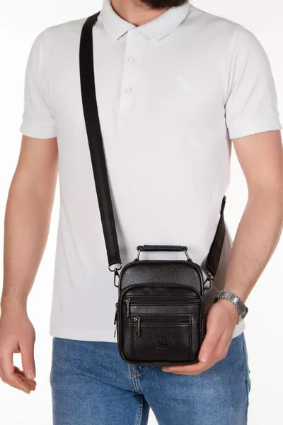 Men's Black Leather Shoulder and Hand Bag