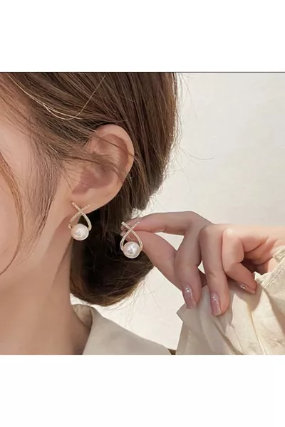 Elegant Pearl Detailed Modern Design Zircon Stone Steel Earrings - Tarnish-Resistant, Hypoallergenic
