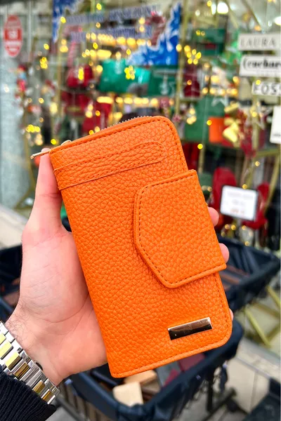 محفظة نسائية من الجلد النباتي لافينيا باللون البرتقالي بسحاب ومغناطيس (هدية عيد الأم)