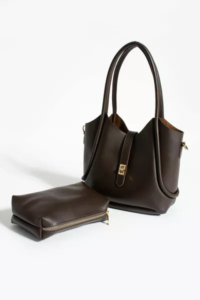 Sac à main pour femme en deux parties avec fermeture éclair, bretelles croisées, en cuir imitation café