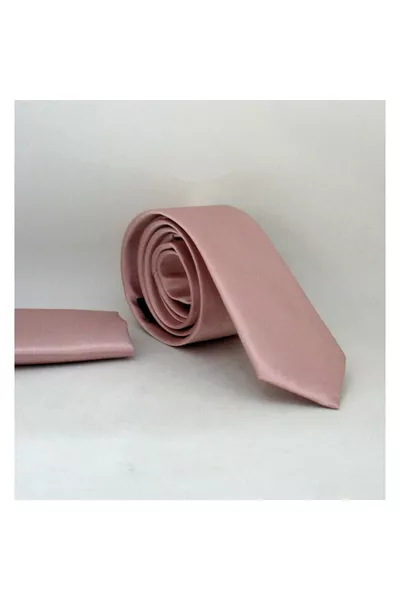 Powder Pink Slim Fit Solid Color Pocket Square Satin Tie - 