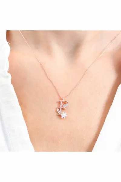 Sprankelende Magnolia Bloem E Letter Rosekleurige Zilveren Ketting