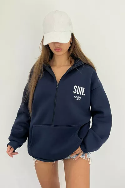 Navy Blue Unisex High Neck Zipper Oversized 3-Ply Brushed Inside Printed Sweatshirt