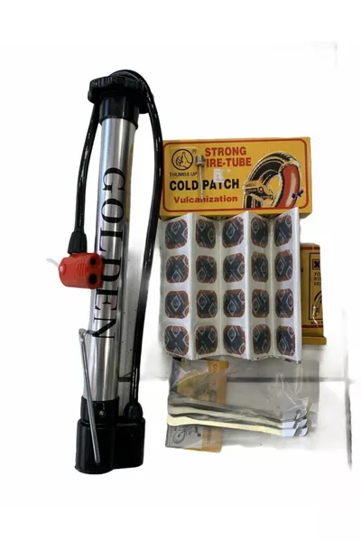 مضخة دراجة جولدن من الألمنيوم قصيرة + رقعة + رافعة حديدية + إبرة نفخ الكرة