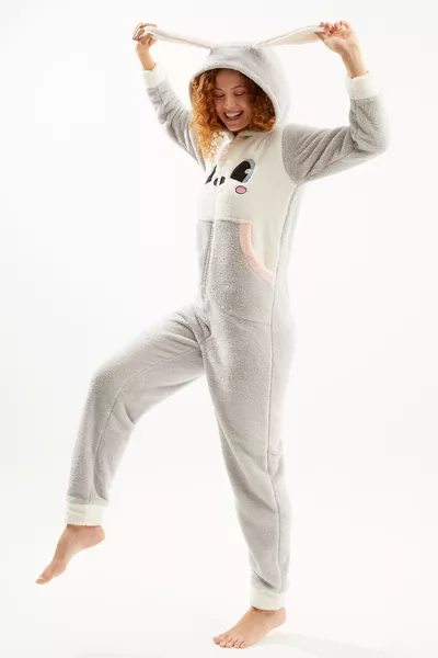 Ecrou Damen Grau Niedlicher Hase Welsoft Overall Pyjama Set
