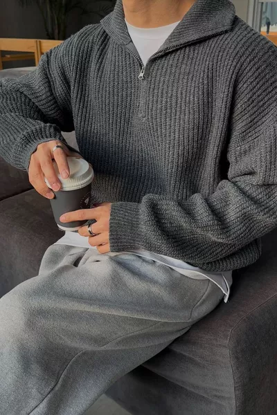 Мужской свитер-oversize с застежкой-молнией и высоким воротником, дымчато-серый