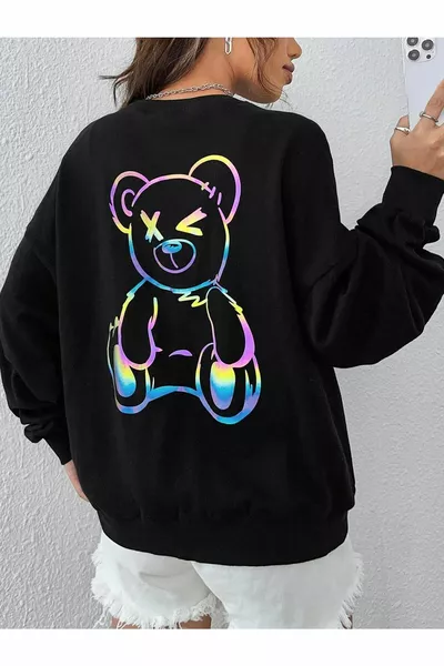 TREND KUTU سويت شيرت بغطاء رأس بطبعة قطة على الصدر