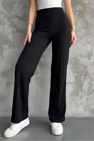 بنطال بالازو أسود واسع الساق للنساء بموسم جديد مطاط عند الخصر وبلون ليكرا