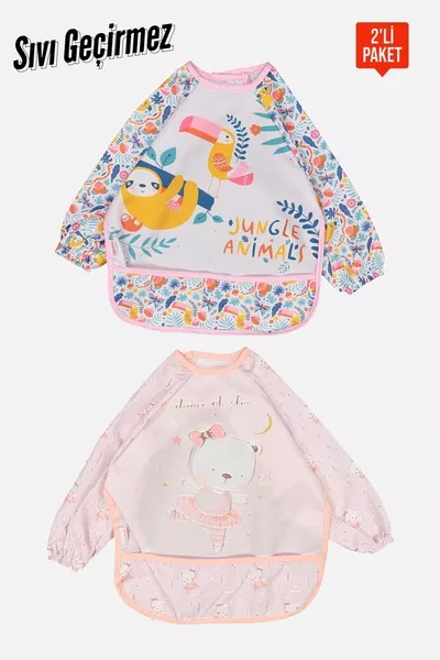 Bavaglini impermeabili a manica lunga con motivo animale, confezione da 2