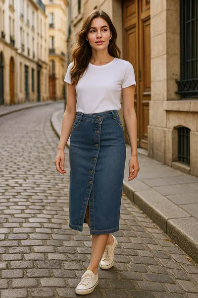 تنورة جينز كحلية مرنة بطول متوسط وأزرار جانبية من الأمام