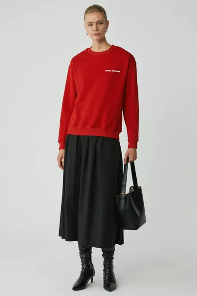 Modest Sandra Dames Sweatshirt van Katoen met Fleecevoering, Zachte Bedrukte Ronde Hals, Comfort, Rood