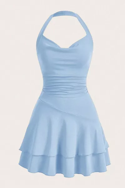 Синя мини рокля с презрамки 