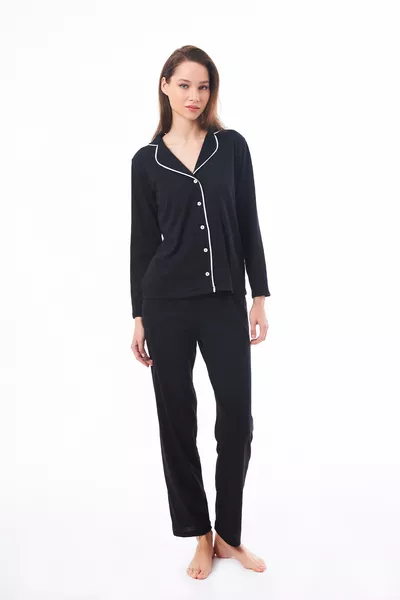 طقم بيجامة نسائي قطني أسود بأزرار من الأمام