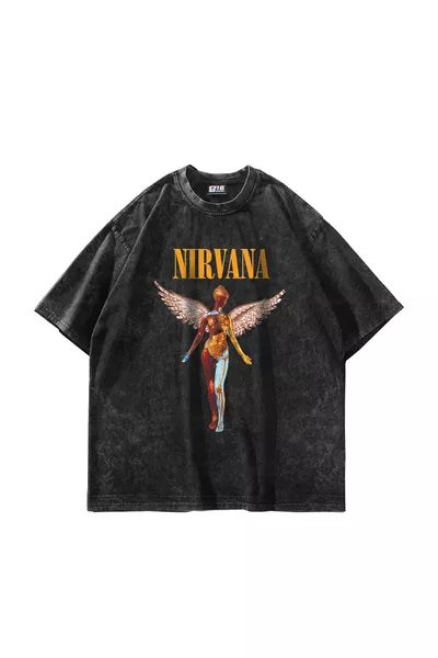 T-shirt Oversize Unisex Nirvana Angel con Stampa Effetto Fumo Lavato
