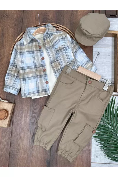 Holzfällerhemd mit Hut, Waffel-Hoodie, Canvas-Overall, Cargohose 4-teiliges Set für Jungen/Kinder