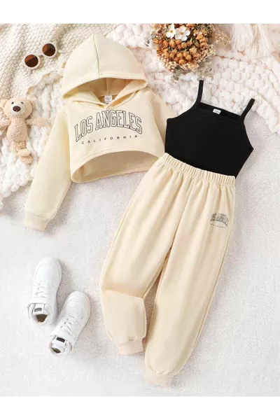 Kids Beige Los Angeles Printed Sweatshirt and Jogger Set