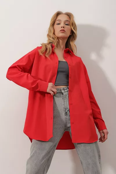 Chemise longue tissée oversize rouge pour femme 